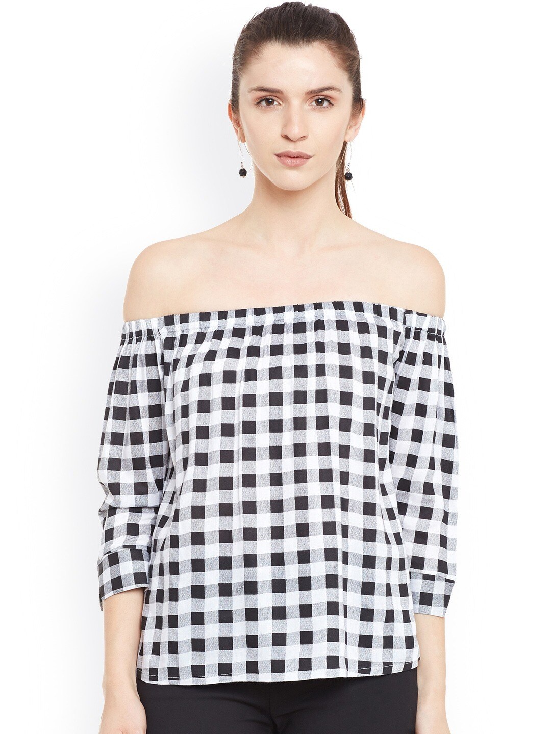 

BAESD Checked Off-Shoulder Cotton Bardot Top, Black