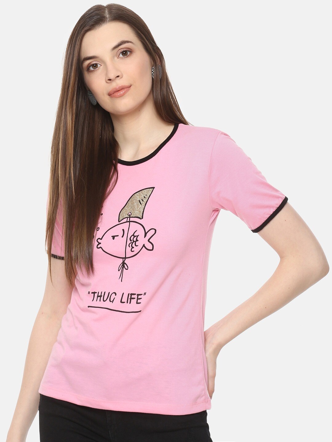 

BAESD Graphic Printed Round Neck Cotton Regular Top, Pink