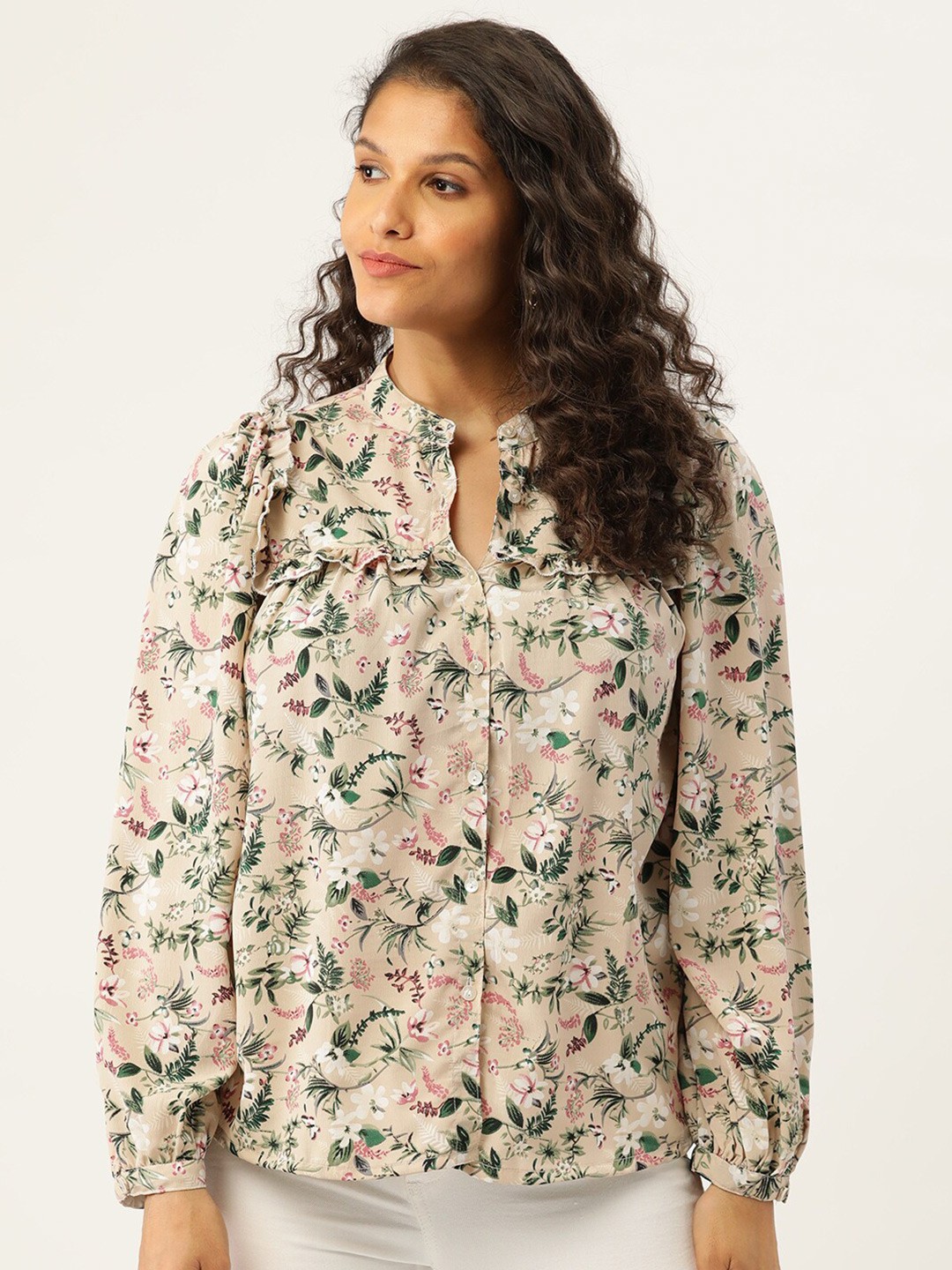 

BAESD Floral Printed Shirt Style Crepe Top, Beige