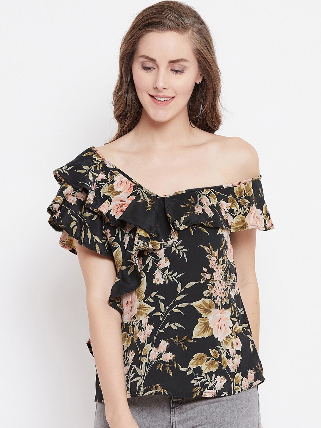 

BAESD Floral Printed Off Shoulder Ruffled Top, Teal