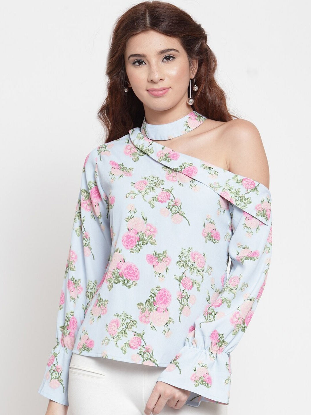 

BAESD Floral Printed Choker Neck Top, Blue