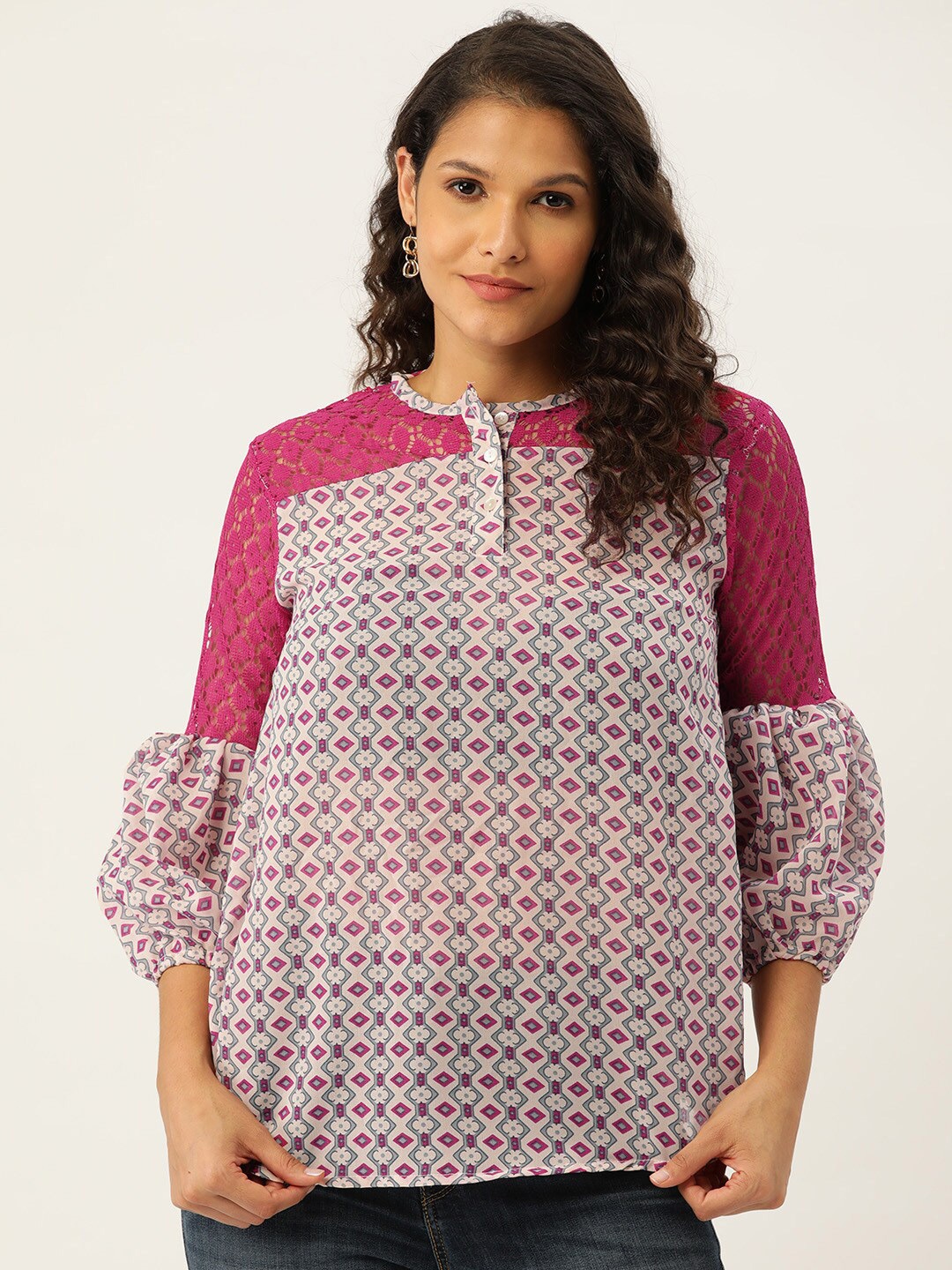 

BAESD Geometric Printed Puff Sleeves Lace Inserts Top, White