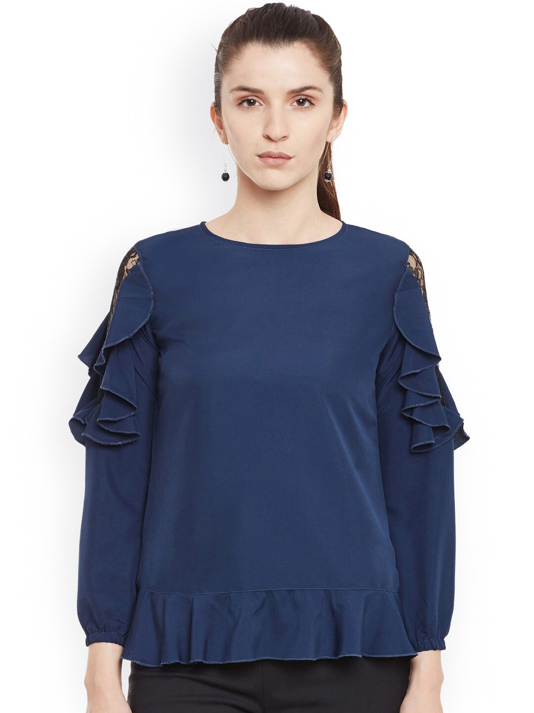 

BAESD Lace Detailed Crepe Top, Navy blue