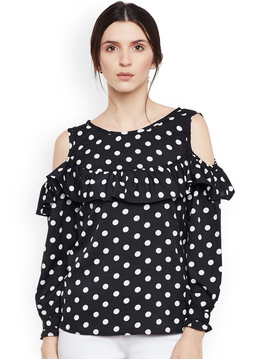 

BAESD Polka Dot Printed Cold-Shoulder Sleeves Regular Top, Black
