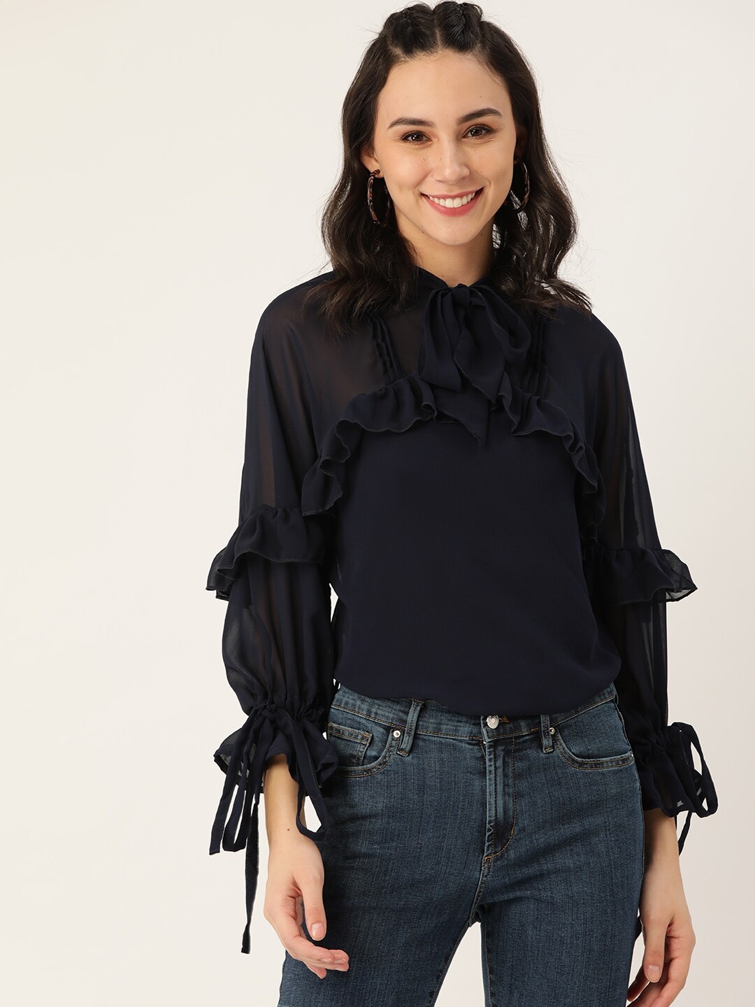 

BAESD Tie-Up Neck Puff Sleeves Ruffles Detailed Top, Black