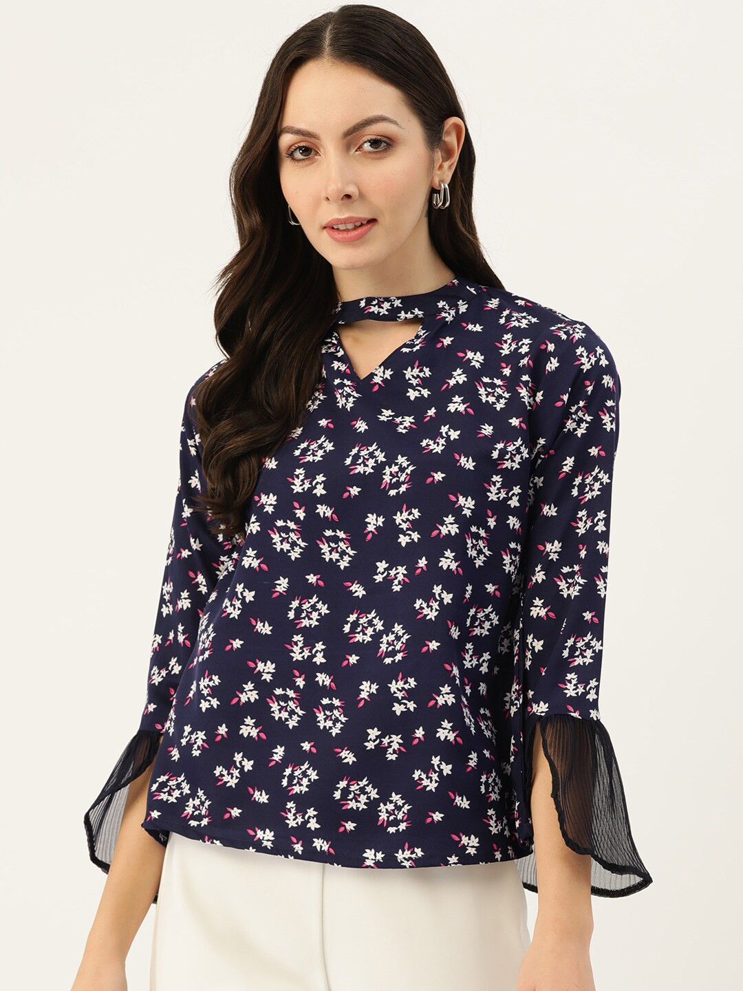 

BAESD Floral Printed Cotton Top, Navy blue