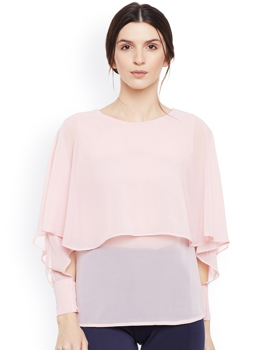 

BAESD Round Neck Smocked Cape Sleeves Layered Top, Pink