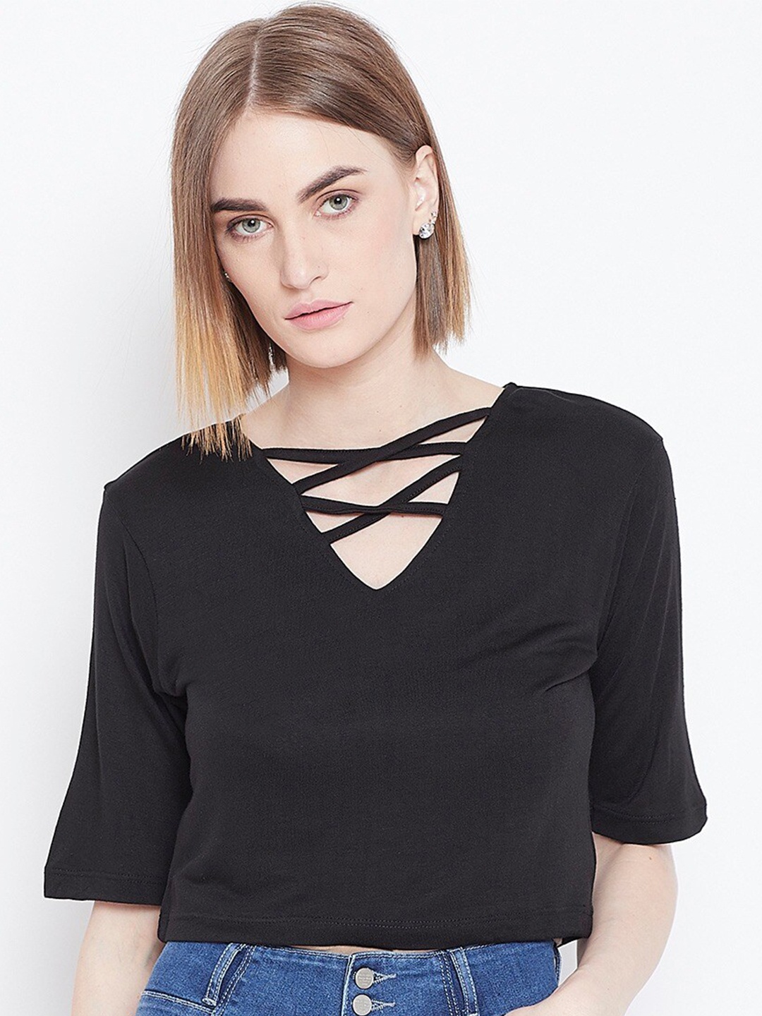 

BAESD Keyhole Neck Short Sleeves Regular Top, Black