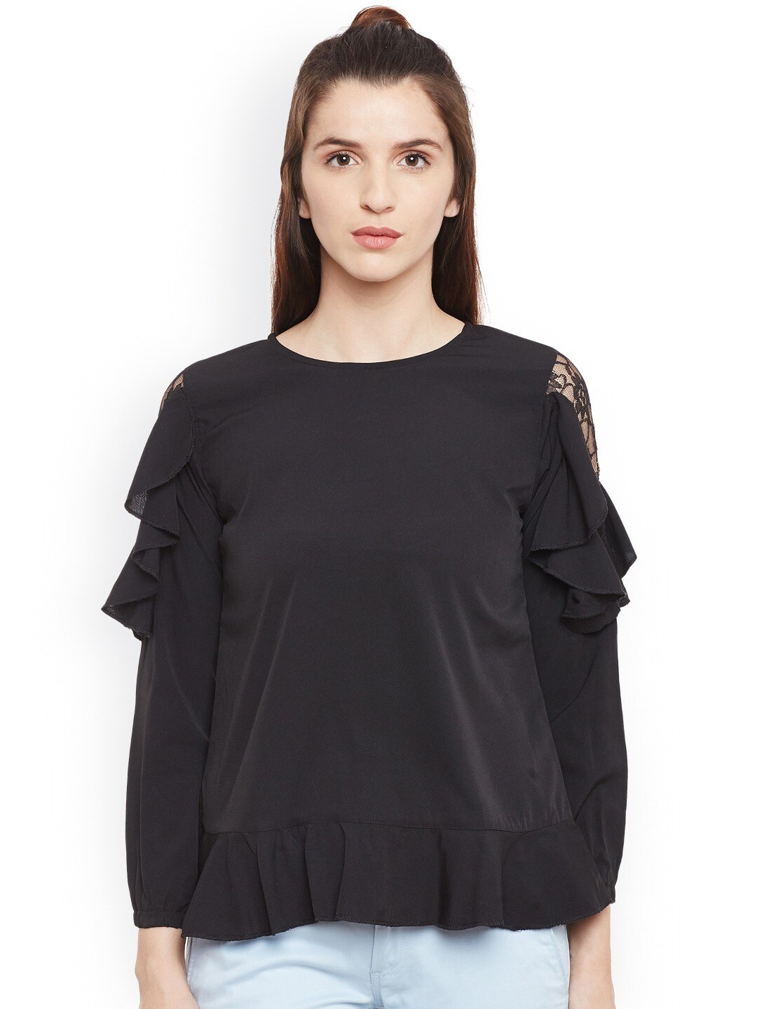 

BAESD Round Neck Ruffled Puff Sleeves Top, Black