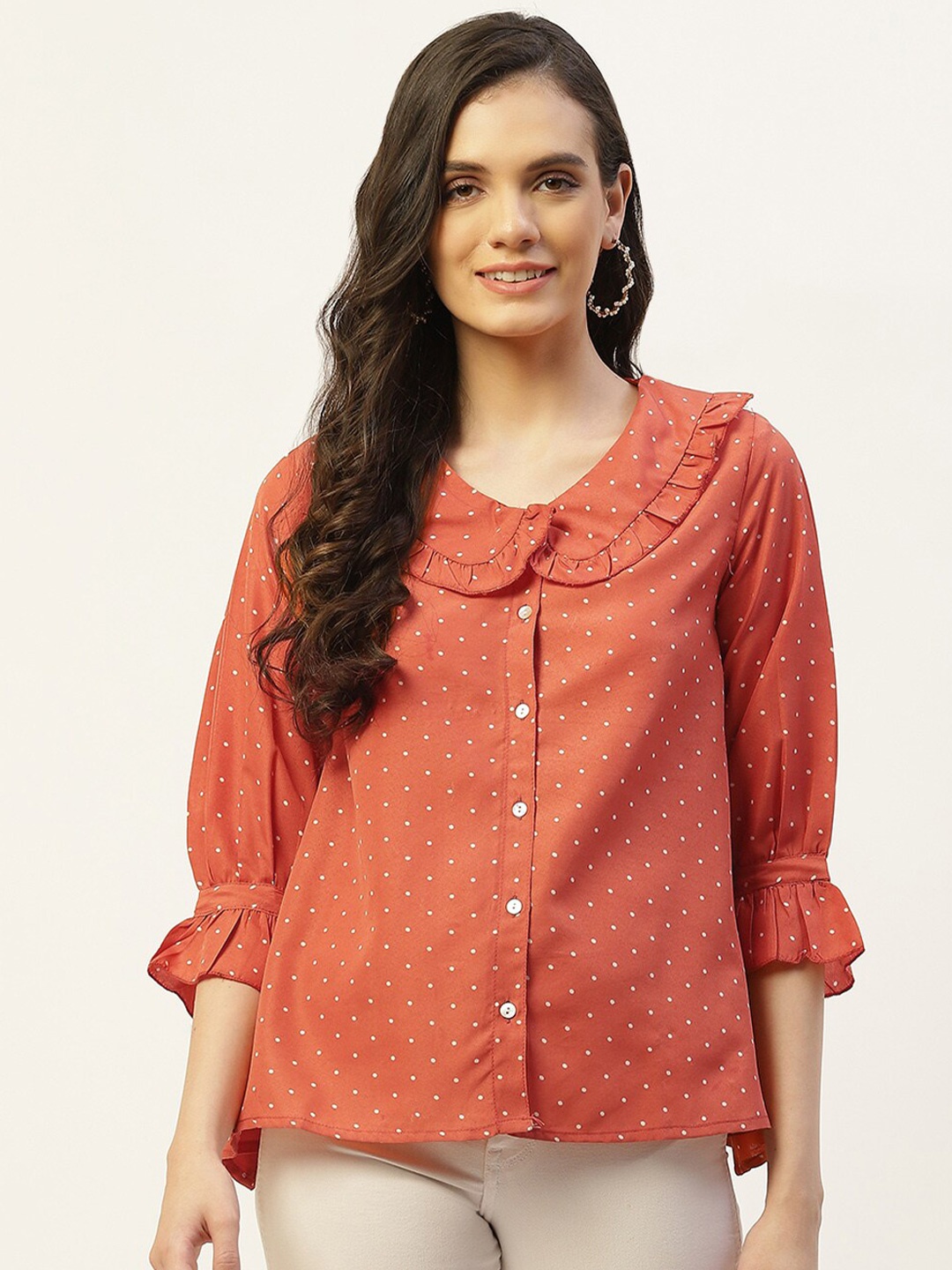 

BAESD Polka Dots Printed Peter Pan Collar Bell Sleeves Shirt Style Top, Orange