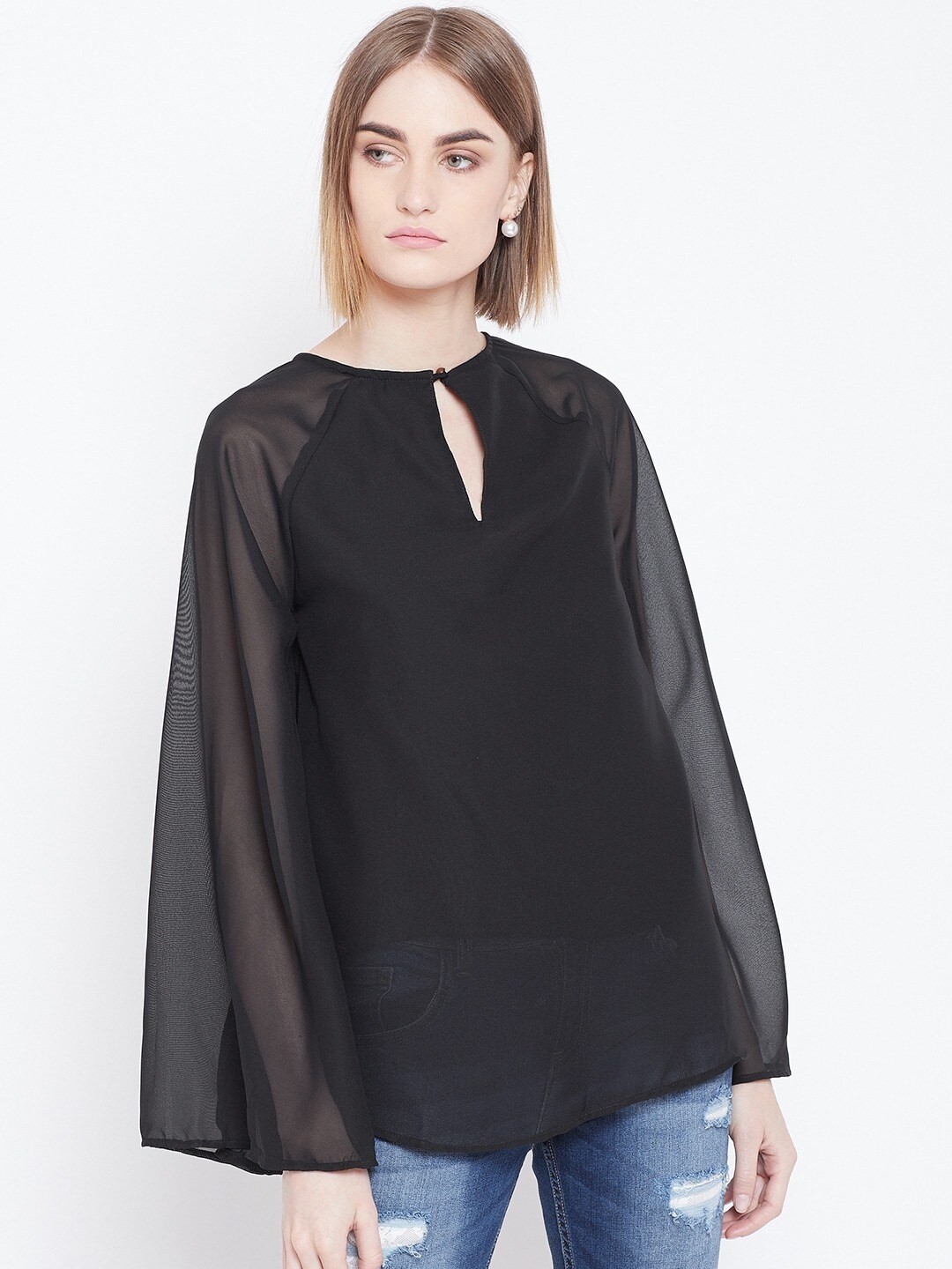 

BAESD Keyhole Neck Flared Sleeves Top, Black