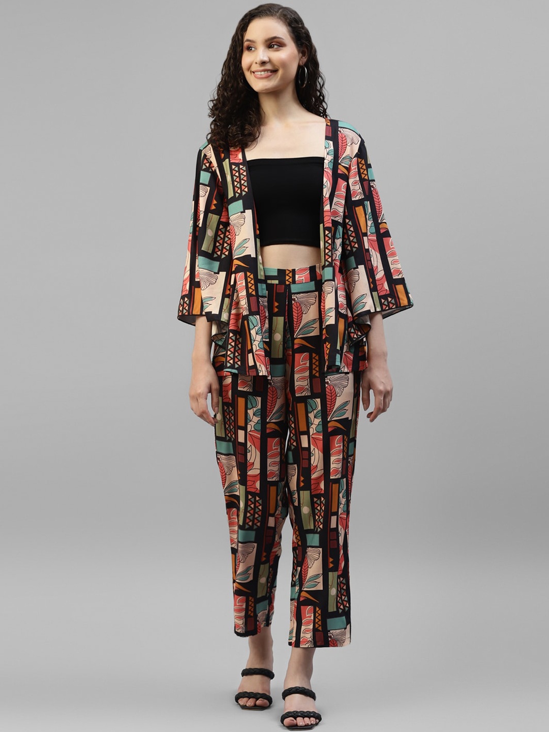 

DEEBACO Printed Shawl Neck Shrug With Trousers, Black