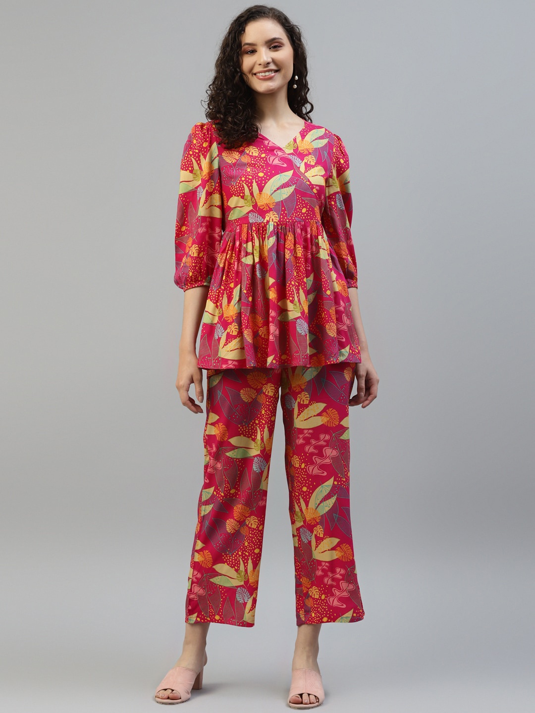 

DEEBACO Printed Peplum Top With Trousers Co-Ords, Magenta