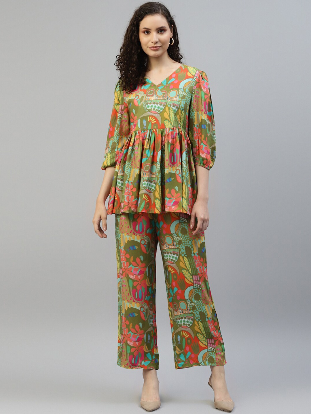 

DEEBACO Printed V-Neck Tunic With Trousers, Green