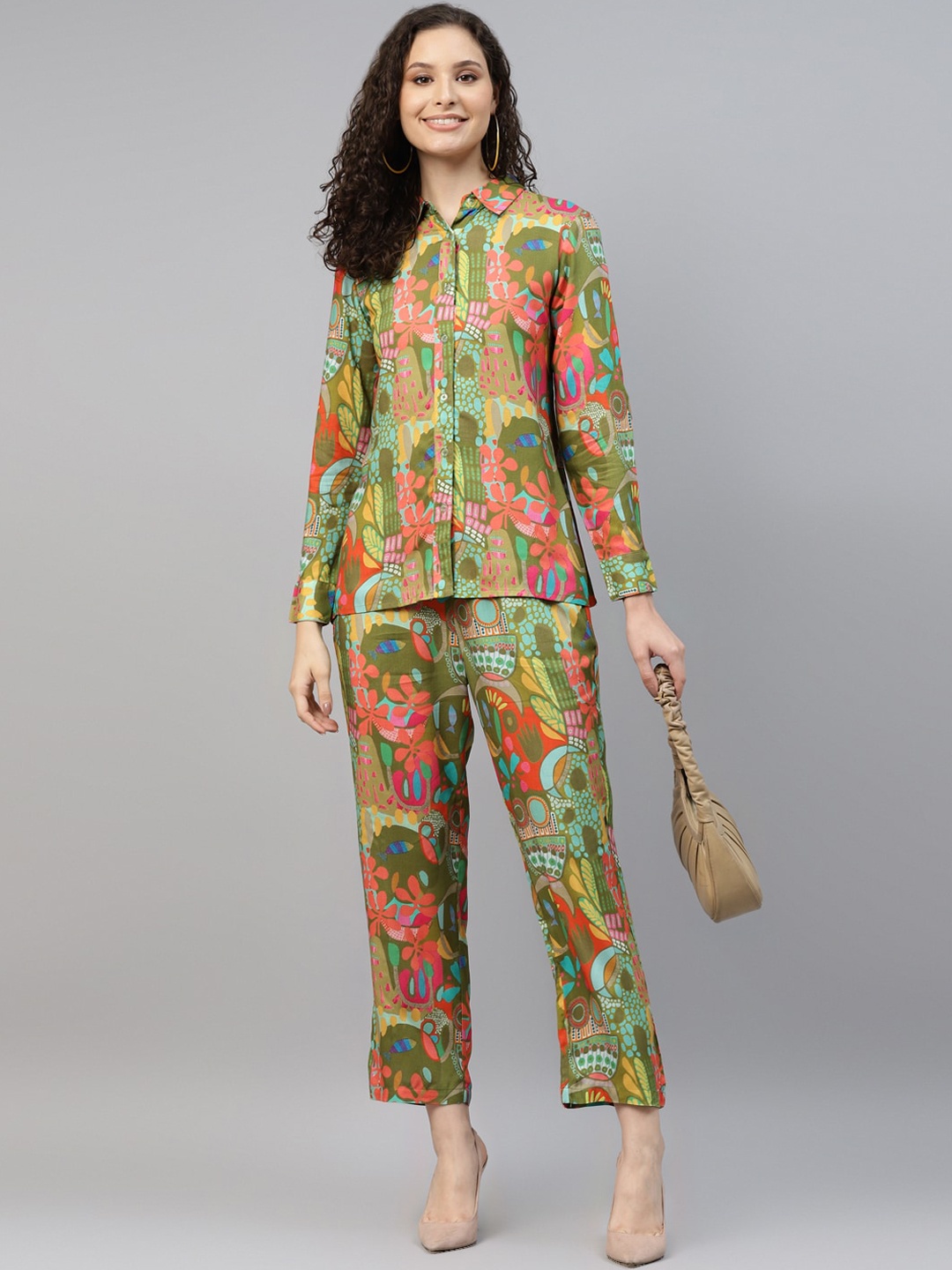 

DEEBACO Printed Shirt & Trousers Co-Ords Set, Green
