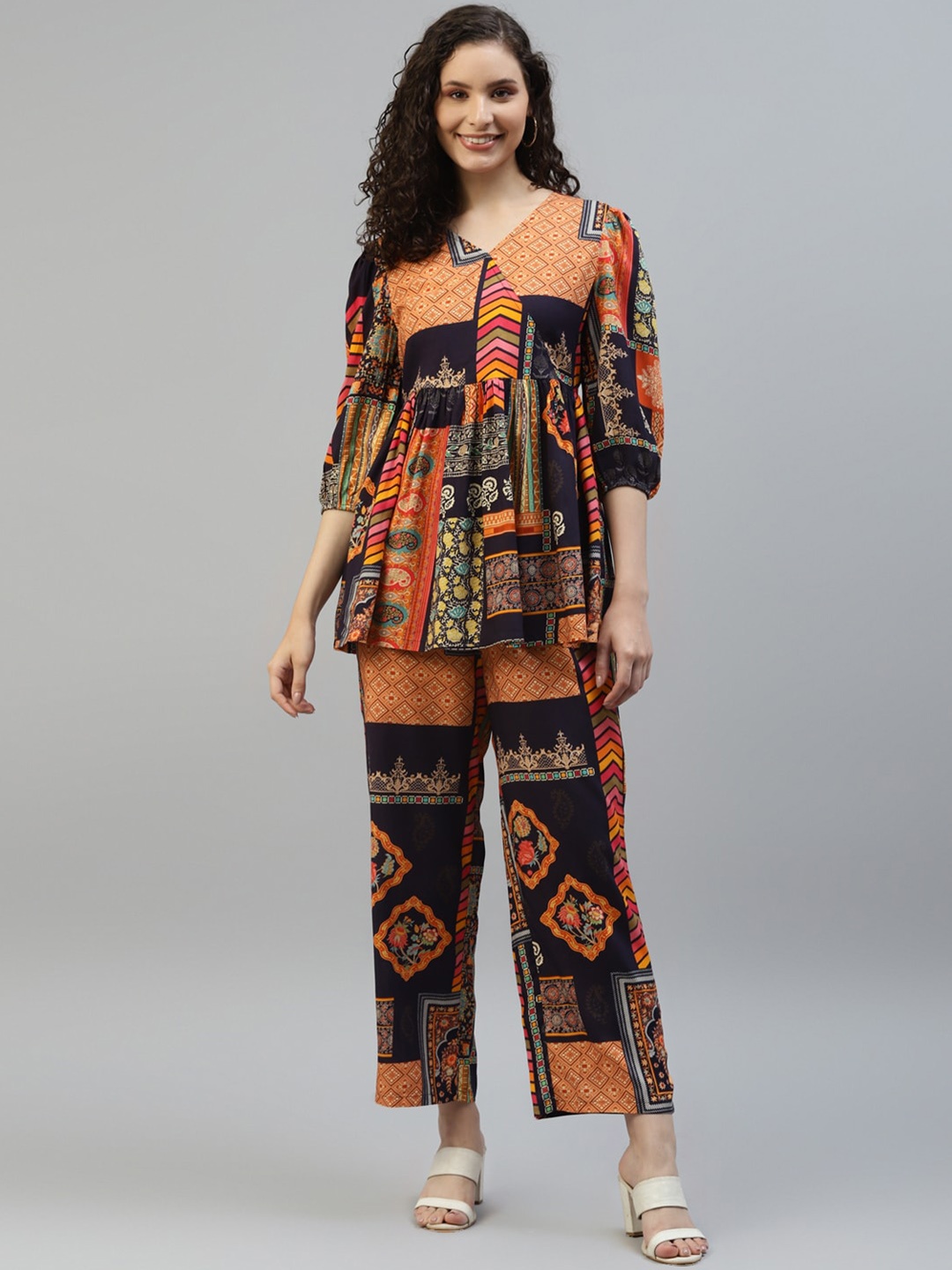 

DEEBACO Printed V-Neck Tunic With Trousers, Orange
