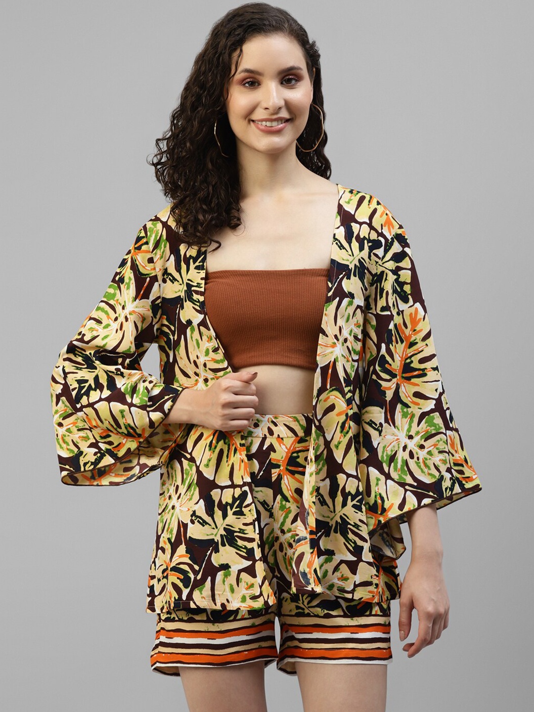 

DEEBACO Printed Shrug With Shorts Co-Ords, Brown