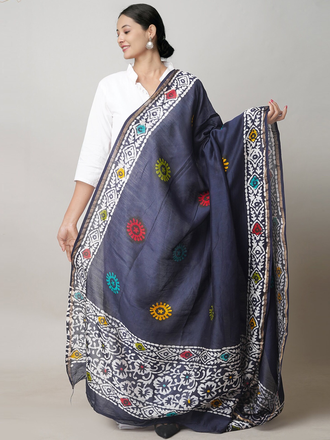 

Unnati Silks Ethnic Motifs Block Printed Dupatta, Blue
