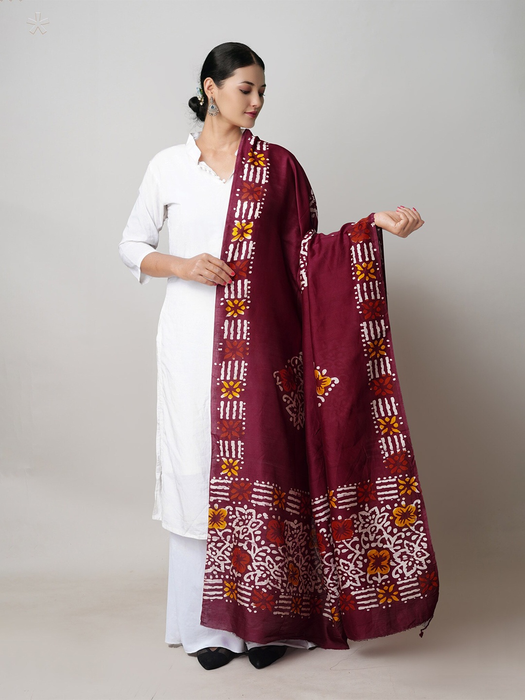 

Unnati Silks Ethnic Motifs Block Print Cotton Silk Dupatta, Maroon