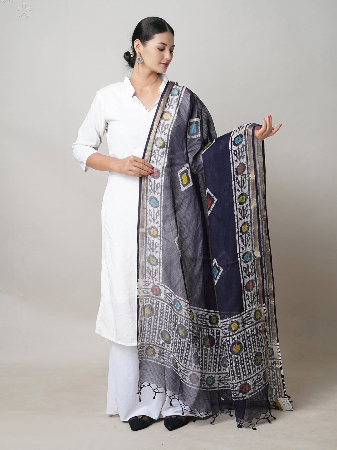 

Unnati Silks Ethnic Motifs Printed Pure Cotton Batik Dupatta With Zari, Black