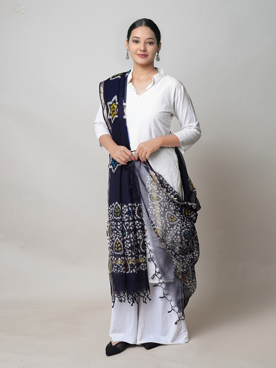 

Unnati Silks Ethnic Motifs Printed Pure Cotton Batik Dupatta with Zari, Blue