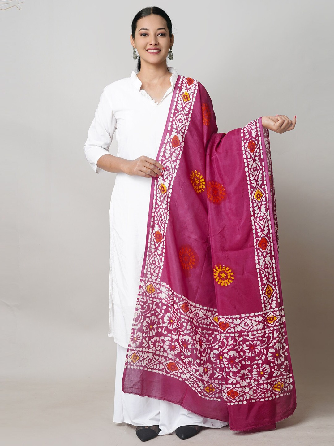 

Unnati Silks Ethnic Motifs Block Printed Pure Cotton Dupatta, Pink