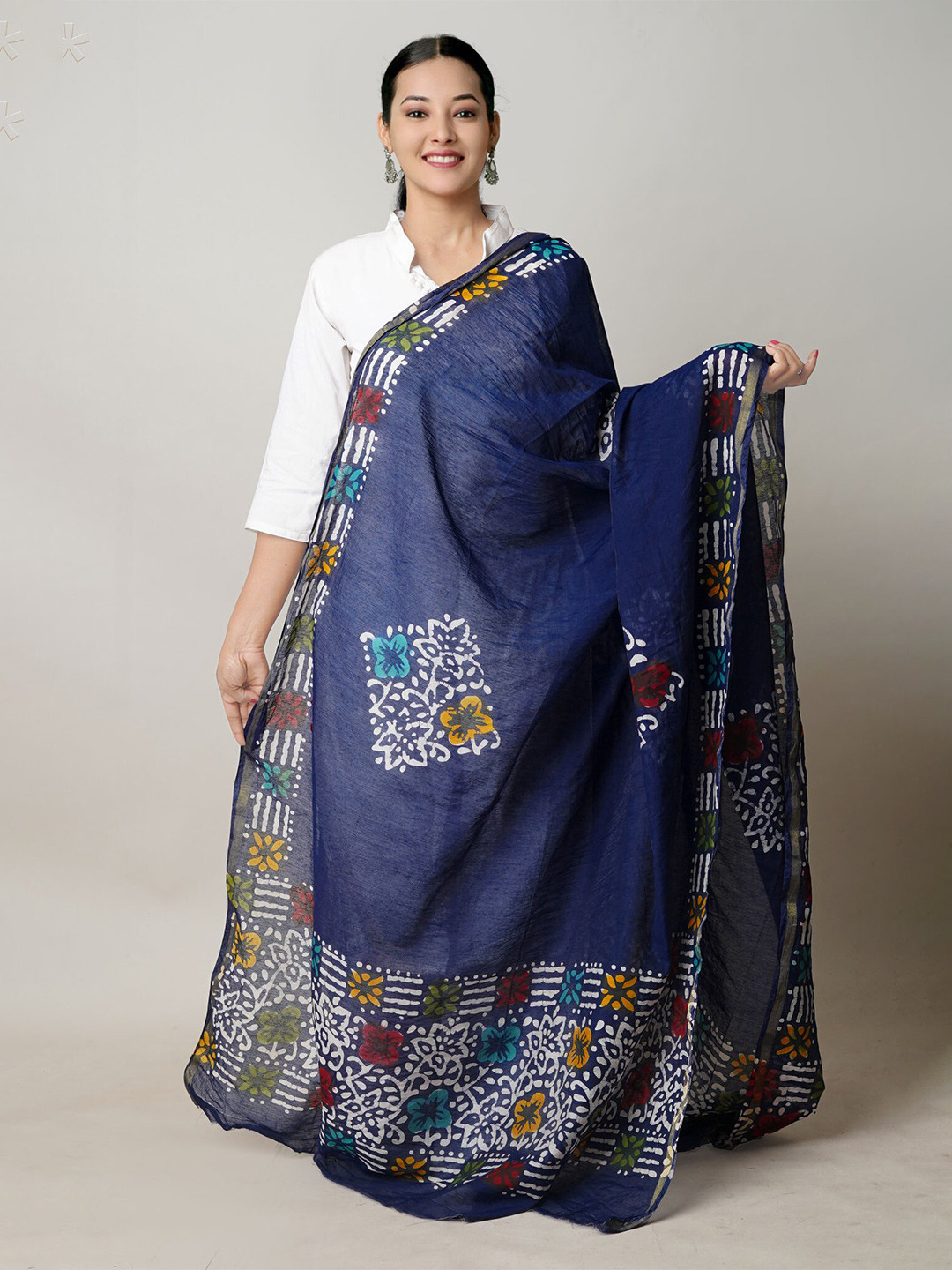 

Unnati Silks Ethnic Motifs Block Printed Dupatta with Zari, Blue