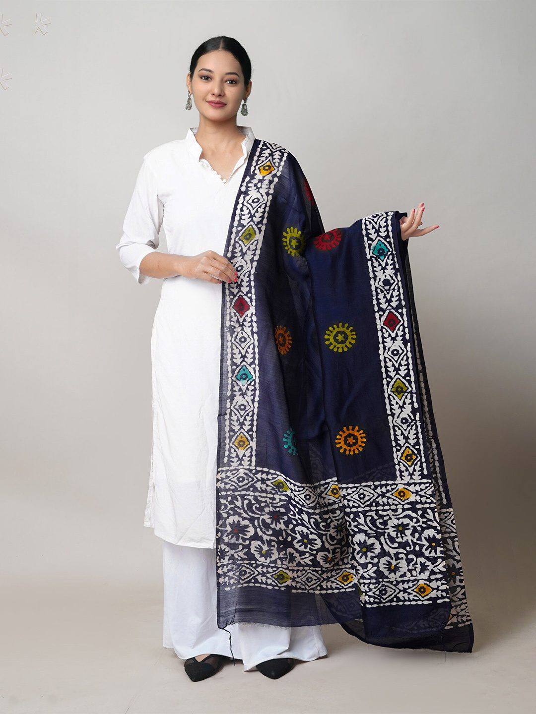 

Unnati Silks Ethnic Motifs Block Printed Cotton Silk Dupatta with Zari, Blue