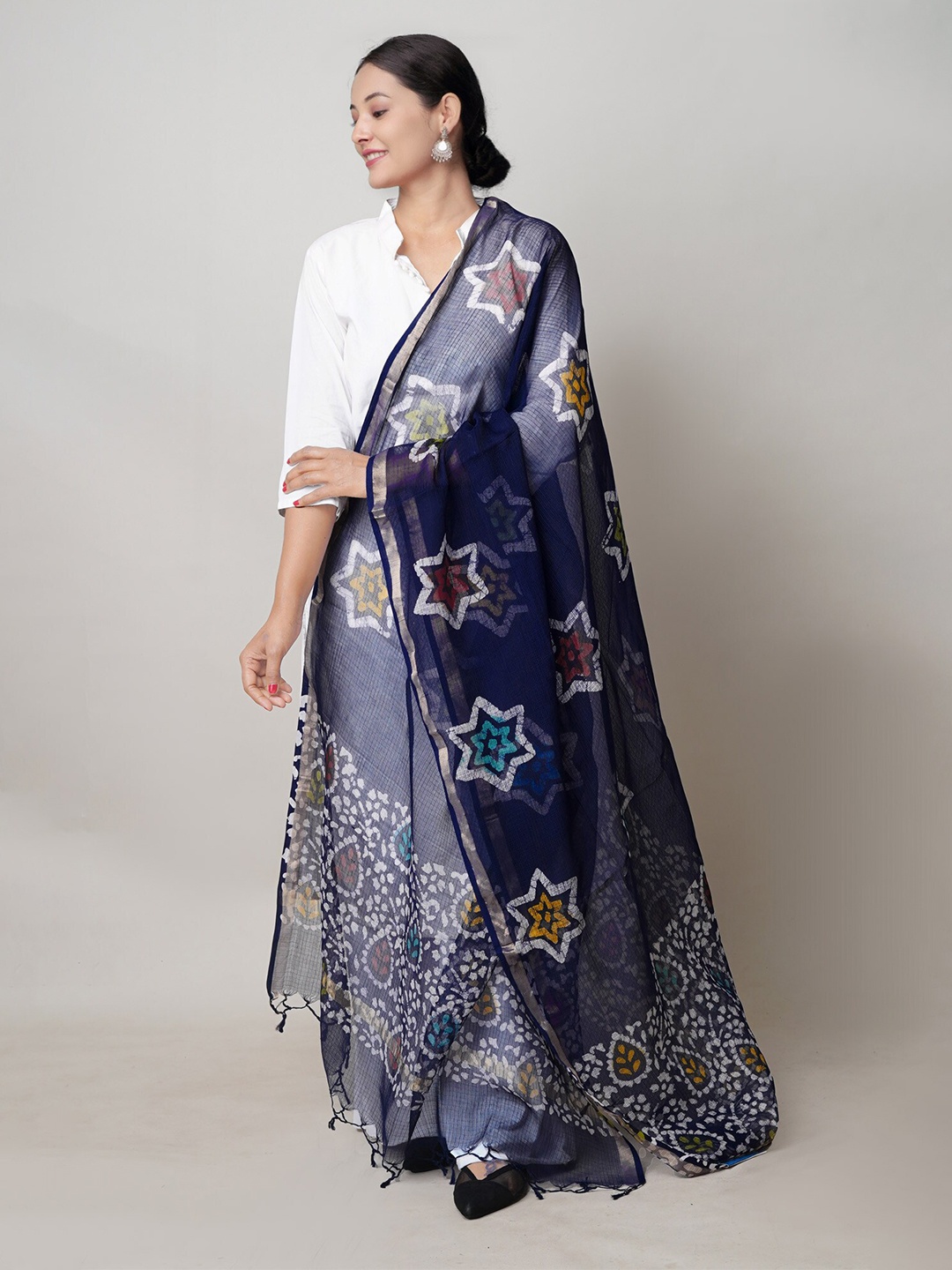 

Unnati Silks Ethnic Motifs Batik Printed Zari Detail Pure Cotton Dupatta, Blue