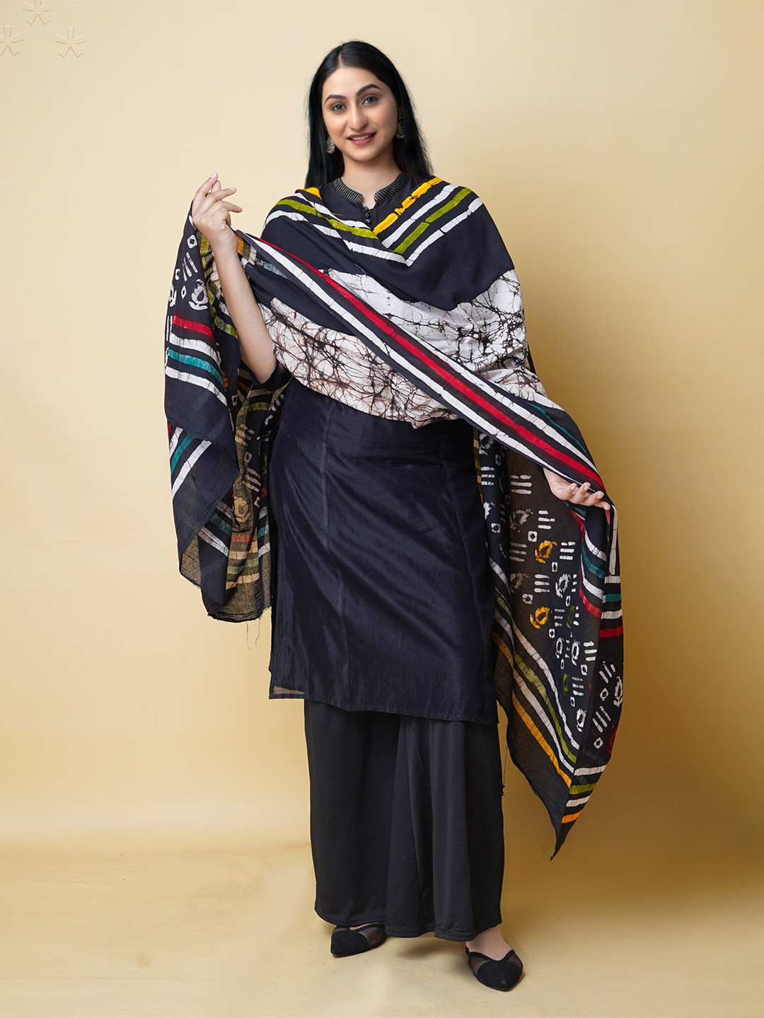 

Unnati Silks Ethnic Motifs Printed Pure Cotton Batik Dupatta, Black