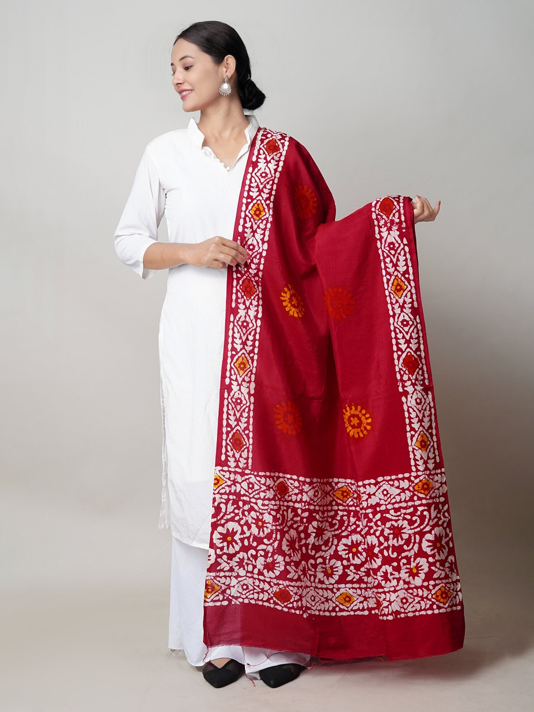 

Unnati Silks Ethnic Motifs Block Printed Dupatta with Zari, Red