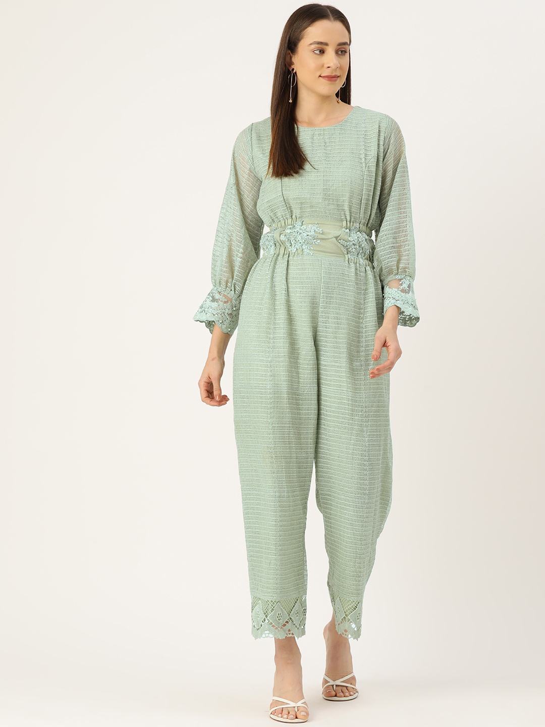 

Simaaya Self Design Basic Jumpsuit with Lace Inserts, Green