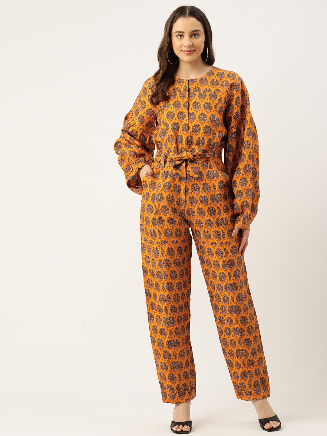 

Simaaya Linen Printed Basic Jumpsuit, Yellow