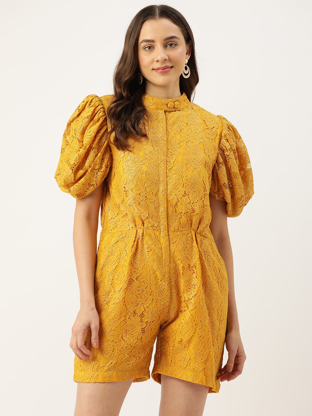 

Simaaya Mandarin Collar Playsuit with Lace Inserts, Yellow