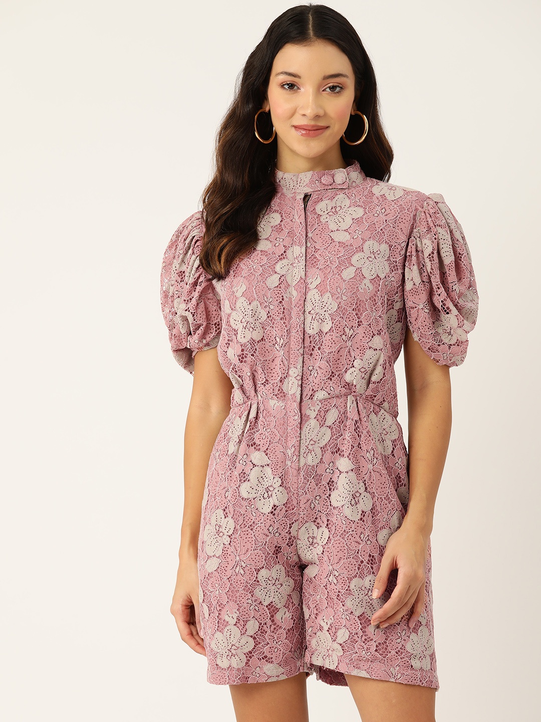 

Simaaya Mandarin Collar Lace Inserts Playsuit, Pink