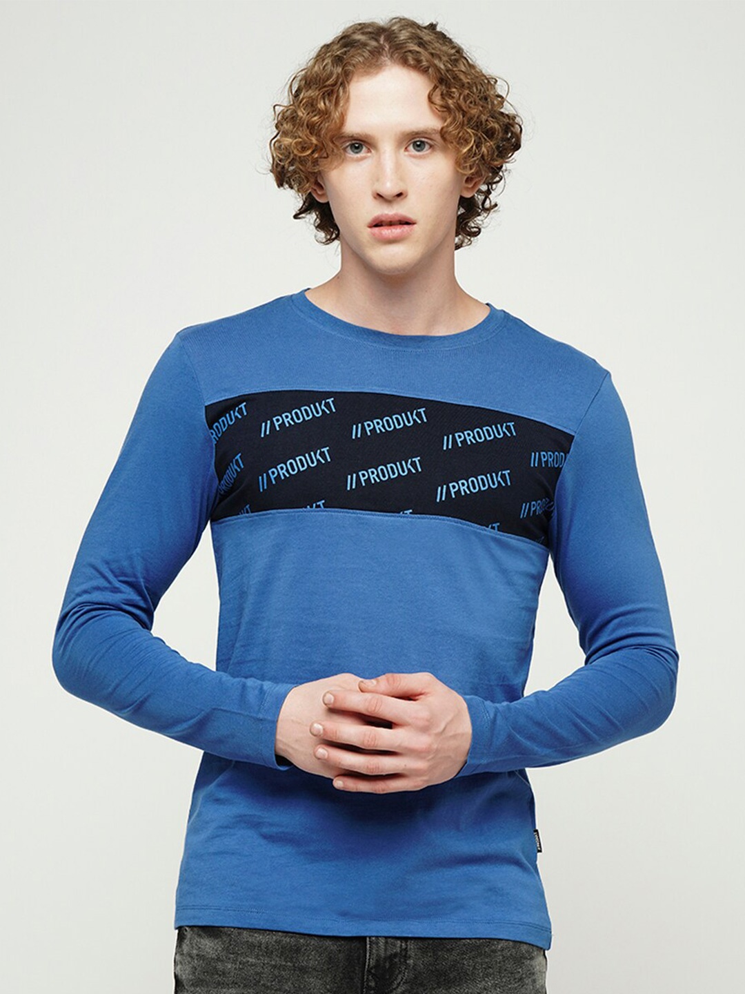 Jack & Jones Colourblocked Long Sleeve Cotton Regular Fit T-shirt, Blue