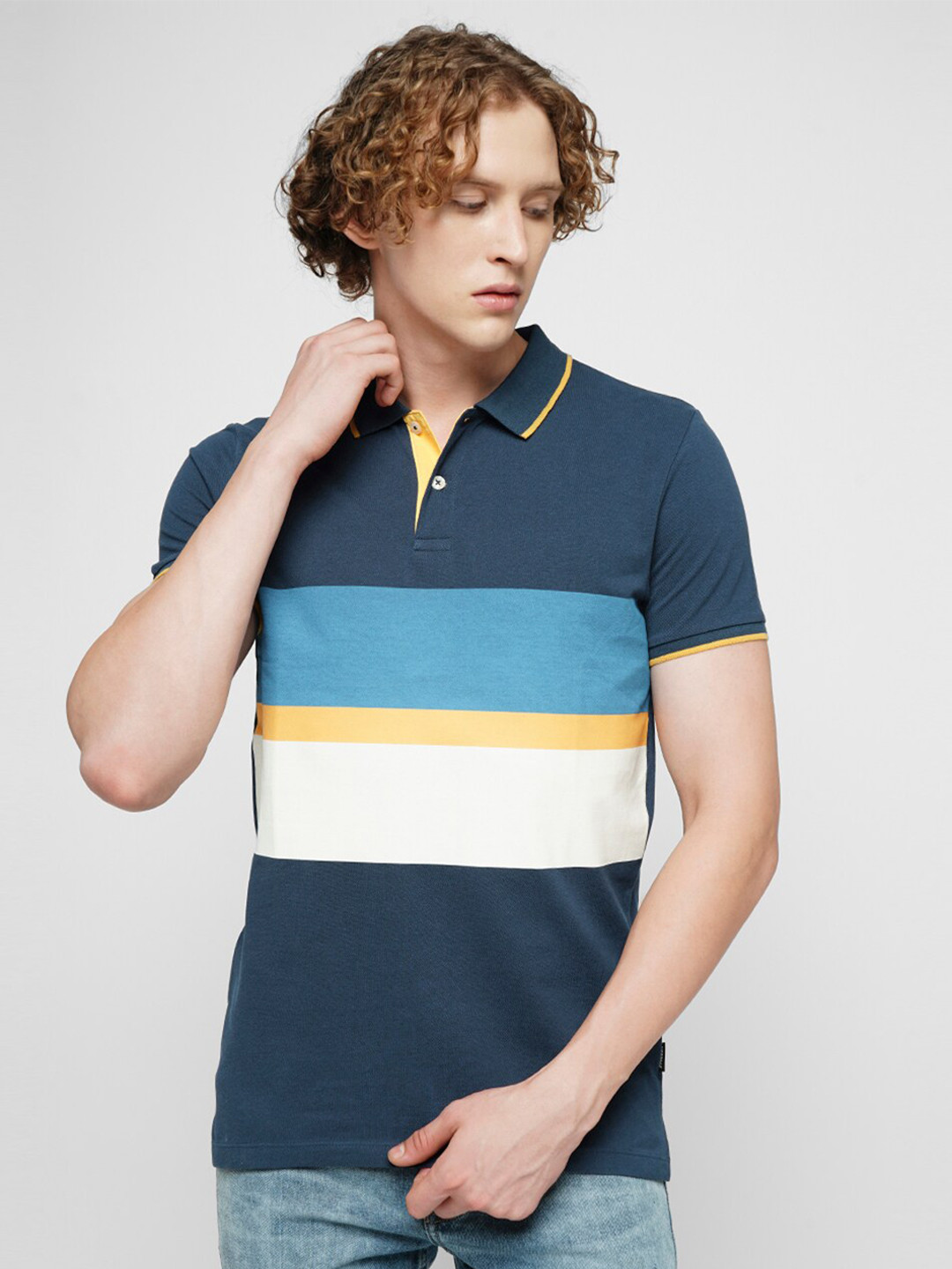 

Jack & Jones Colourblocked Polo Collar Cotton T-shirt, Blue