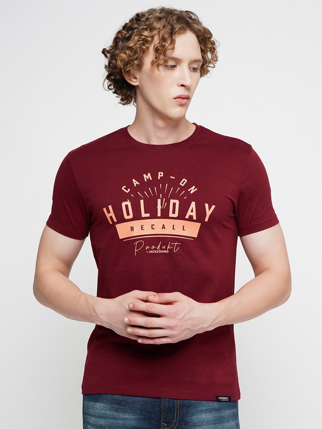 

Jack & Jones Typography Printed Slim Fit Cotton T-shirt, Maroon