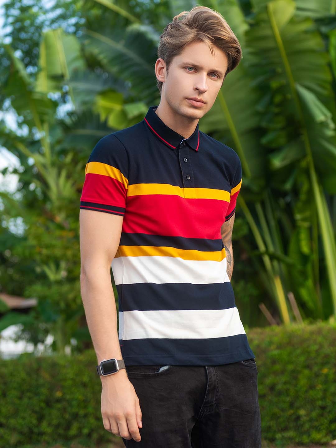 

KOFFY Striped Polo Collar Bio Finish Pure Cotton T-shirt, Yellow