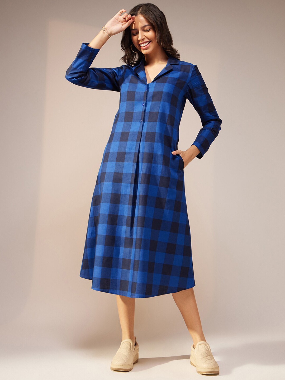 

Pink Fort Checked Cotton A-Line Midi Dress, Navy blue