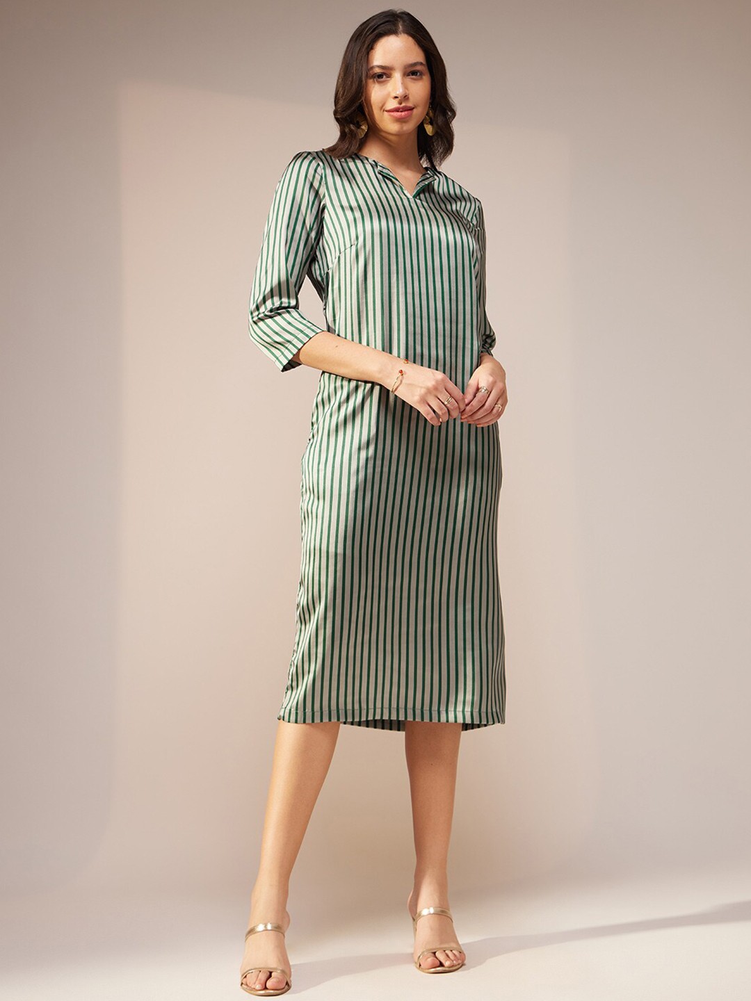 

Pink Fort Striped Satin A-Line Midi Dress, Green