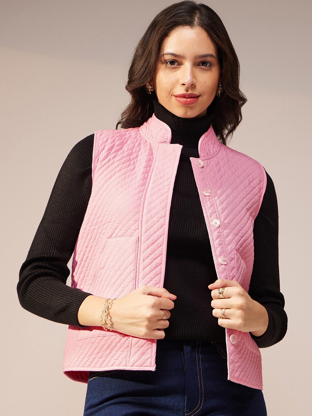 

Pink Fort Cotton Crop Quilted Jacket