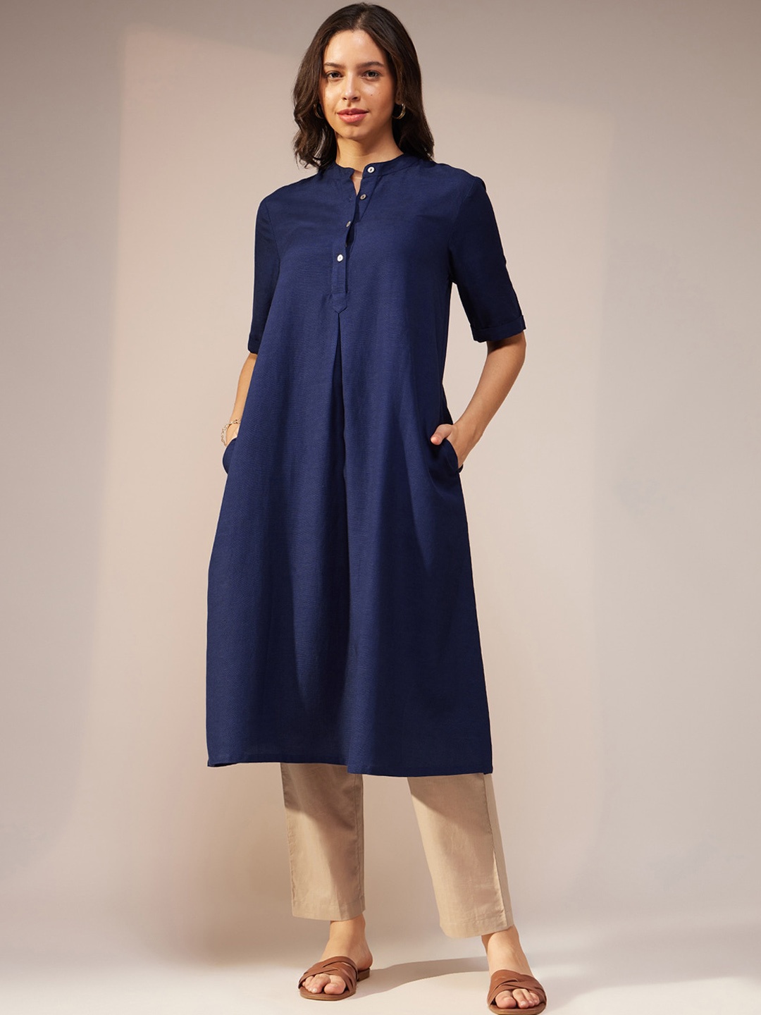 

Pink Fort Band Collar A-Line Cotton Kurta, Navy blue