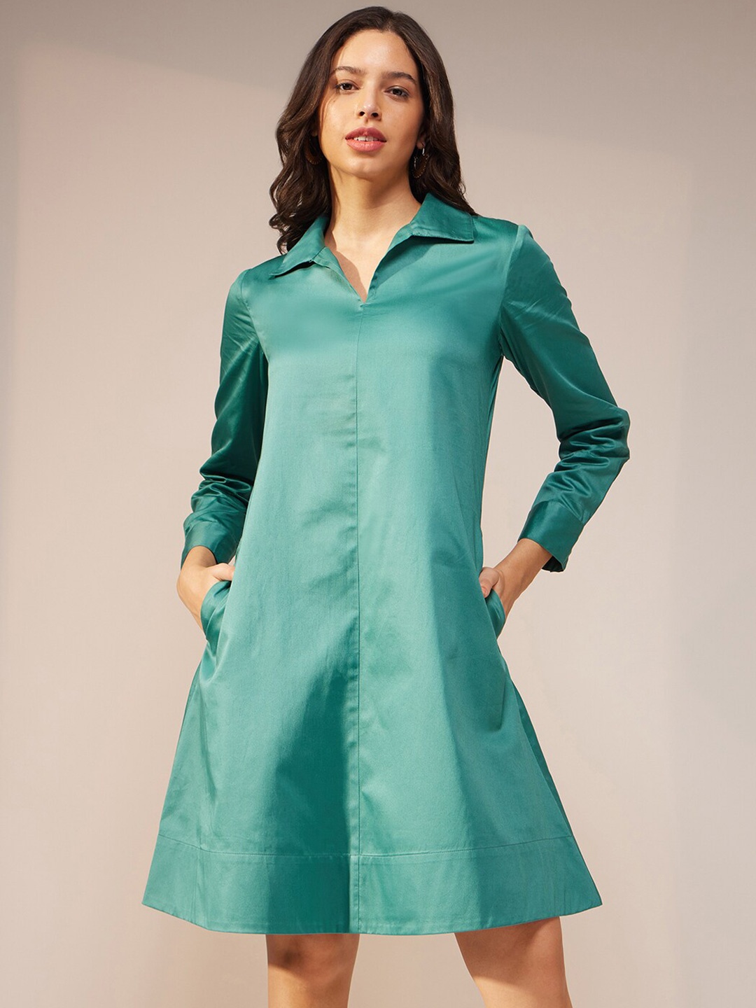 

Pink Fort Shirt Collar Cuffed Sleeves Cotton Satin A-Line Dress, Teal
