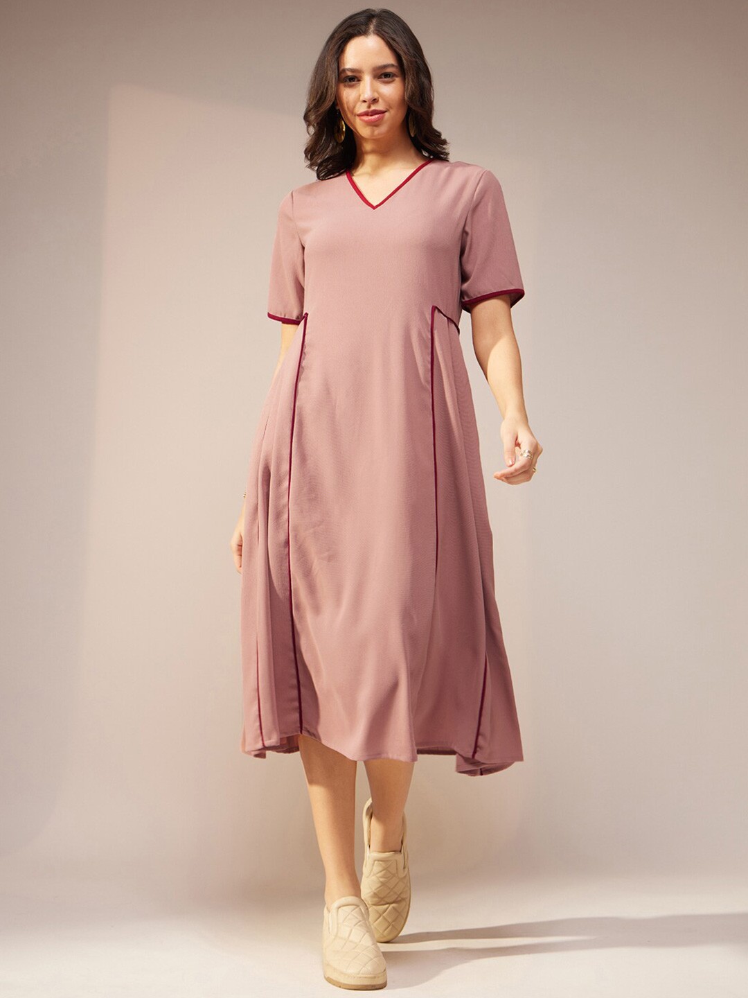 

Pink Fort V-Neck Crepe Fit & Flare Midi Dress