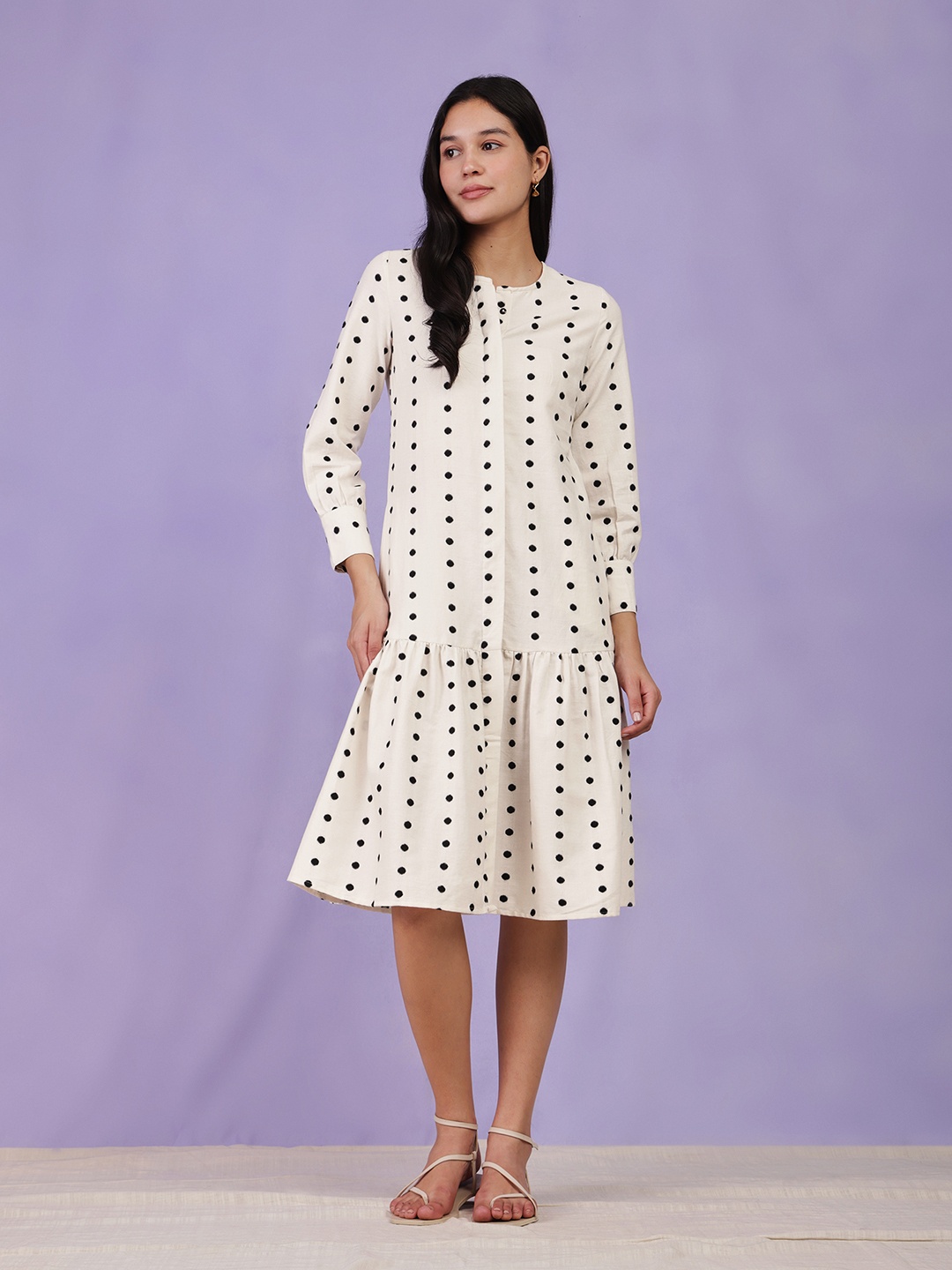 

Pink Fort Polka Dot Printed Cuffed Sleeves Cotton Shirt Midi Dress, White