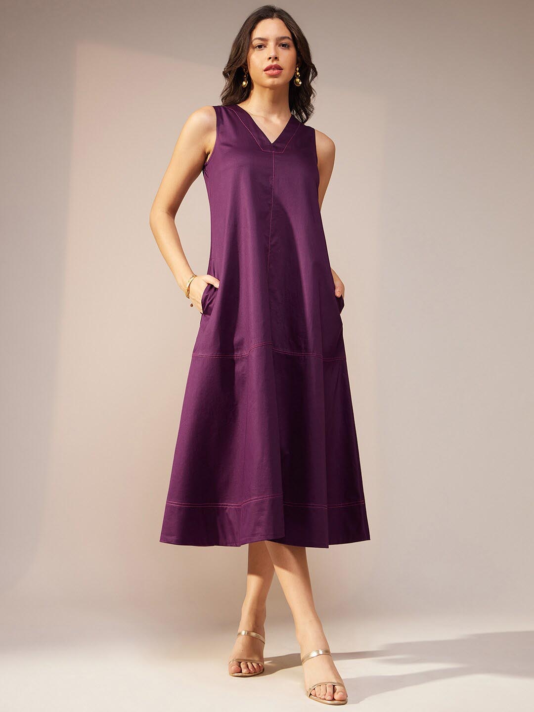 

Pink Fort V-Neck Sleeveless Cotton Satin A-Line Midi Dress, Purple