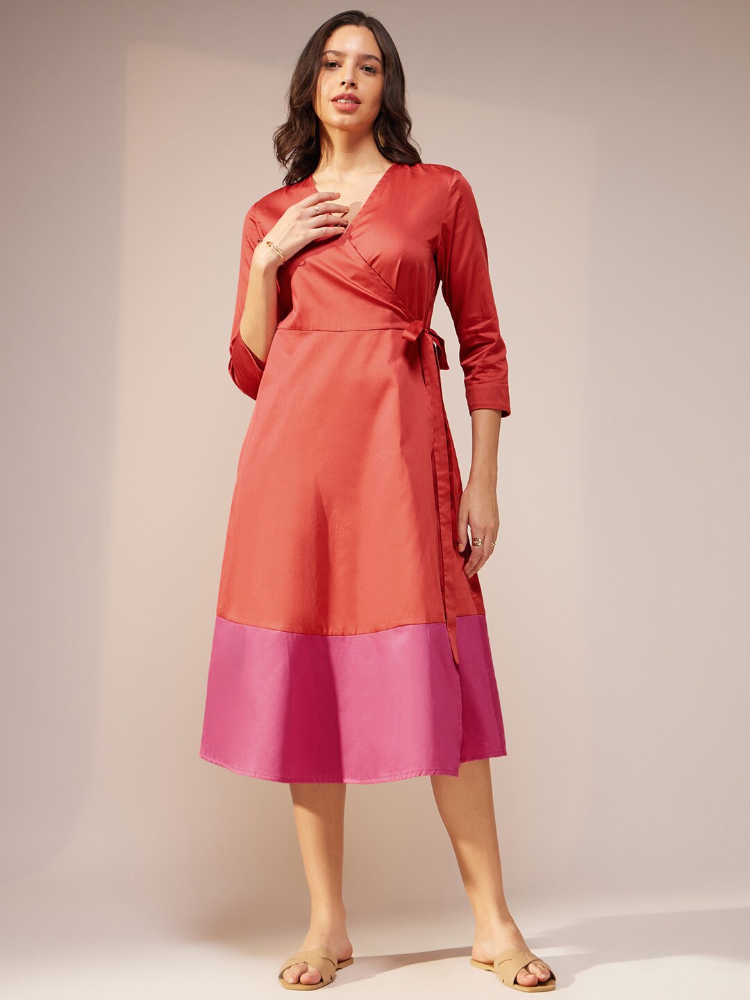 

Pink Fort Colourblocked Satin Midi Dress, Orange
