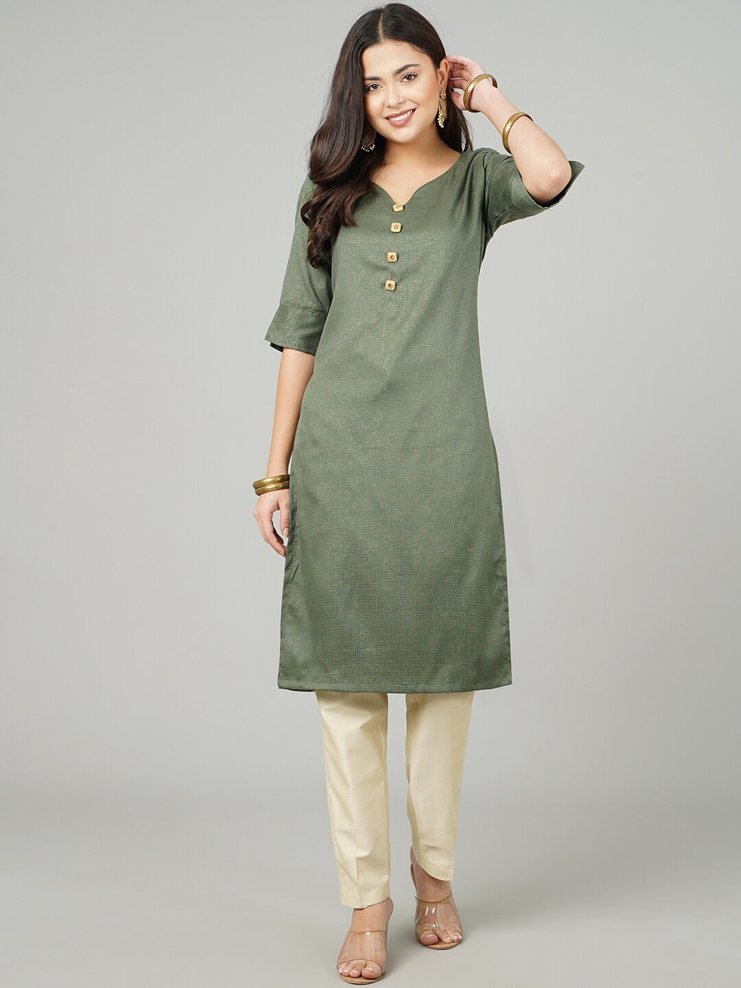 

KALINI Embellished V-Neck Thread Work Straight Kurta, Green