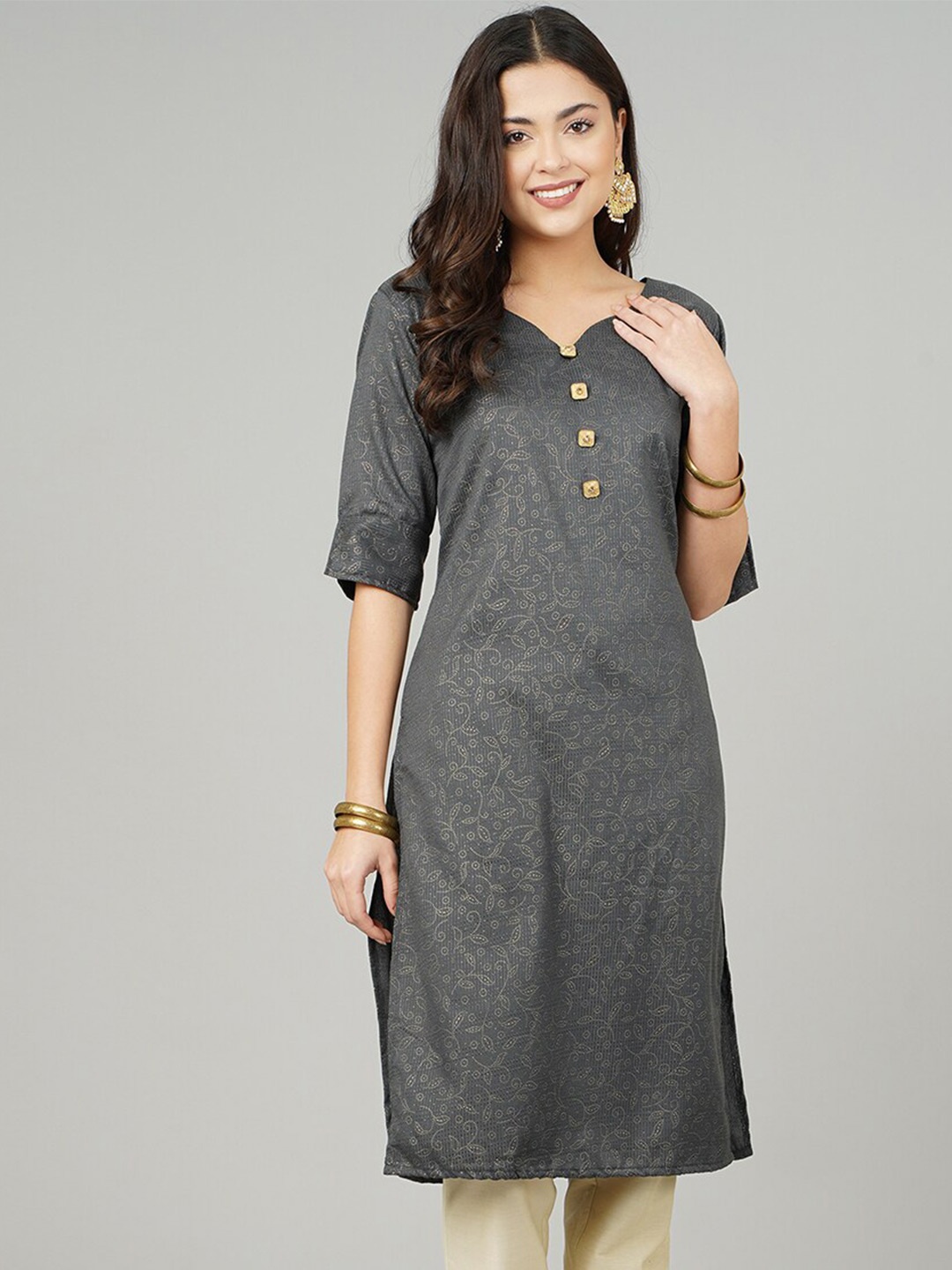 

KALINI Embellished V-Neck Thread Work Straight Kurta, Grey